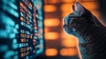 In the shadows, a hacker is busy at work, while a cat wearing glasses is on a computer, representing concepts of hacking