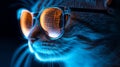 In the shadows, a hacker toils away while a cat wearing glasses uses a computer, representing spy themes, cyber