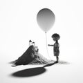 Shadows of Innocence: Black and White Portrait with Floating Balloon Royalty Free Stock Photo