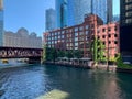 Shadows and light display patterns on buildings and Lake Street bridge in downtown Chicago Loop