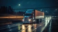 In the Shadows of the Night, Witness the Truck with a Cargo Container Treading the Busy Highway under Cloudy Skies. Generative AI Royalty Free Stock Photo