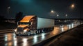 In the Shadows of the Night, Witness the Truck with a Cargo Container Treading the Busy Highway under Cloudy Skies. Generative AI