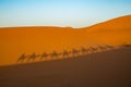 Shadows of tourist in a caravan riding dromedaries in the Sahara desert sand dunes near Merzouga