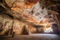 shadowy cave interior with vibrant prehistoric paintings