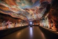shadowy cave interior with vibrant prehistoric paintings