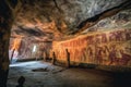 shadowy cave interior with vibrant prehistoric paintings