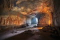 shadowy cave interior with vibrant prehistoric paintings