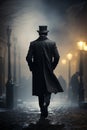 shadowy depths of the city alley, a mysterious silhouette, reminiscent of a cinematic historical thriller\'s protagonist