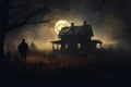 Mysterious Silhouette and Haunted House Against Full Moon