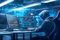 A shadowy figure of a hacker with a hoodie sits in a dark room, typing malicious code on a computer with multiple screens