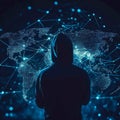 A shadowy figure of a hacker stands before a luminous digital globe, symbolizing worldwide cyber threats and attacks.