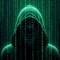 Mysterious hacker in a hood against a digital matrix background Royalty Free Stock Photo