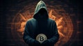 Shadowy figure in hoodie holding Bitcoin Royalty Free Stock Photo