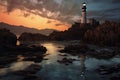 shadowy lighthouse on rocky coastline at dusk Royalty Free Stock Photo