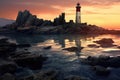 shadowy lighthouse on rocky coastline at dusk Royalty Free Stock Photo