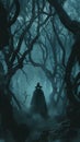 A shadowy sorcerer enveloped in a cloak stands amidst a tangle of gnarled trees in a mystical forest, casting an aura of