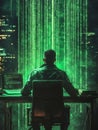 In a shadowy workspace, a hacker works on complex data displayed across multiple screens.