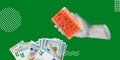 Shady business, money laundering concept. Hand with bright sponge and dollar and euro bills on green background Royalty Free Stock Photo