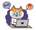 Shady cartoon tabby cat while using a computer, vector illustration