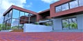 Shady courtyard of a country private house. The flooring is red brick pavers. Porch concrete steps. Glass sliding doors. Wall