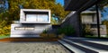 Shady courtyard of the modern country estate in the autumn forest. Long concrete steps of the porch with glass sliding door. 3d