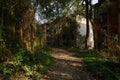 Shady curving path before abandoned apartment building of 1970s Royalty Free Stock Photo