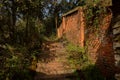 Shady hillside stairway along red brick wall in sunny winter afternoon