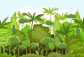 Shady Jungle background. Plants rainforest. Beautiful green landscape with exotic trees and palms. Cute cartoon style
