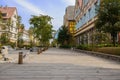 Shady planked path at exotic town in sunny winter morning,Jintang county,Chengdu,China.