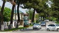 Shady street of Arkhipo-Osipovka village with beautiful old pines and modern cars. Tranquil Black Sea resort in Krasnodar territor Royalty Free Stock Photo