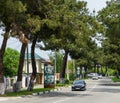 Shady street of Arkhipo-Osipovka village with beautiful old pines and modern cars. Tranquil Black Sea resort in Krasnodar territor Royalty Free Stock Photo