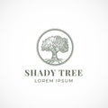 Shady Tree Abstract Vector Sign, Symbol or Logo Template. Hand Drawn Tree Sketch Sillhouette in a Circle with Retro