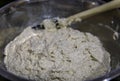 Shaggy rye and wheat sourdough after mixing the dough for artisanal rustic wholegrain sourdough bread, photo series