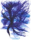 Shaggy silhouette of a dark blue tree on a light azure background