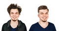 Shaggy young guy with long hair before and after haircut in barbershop. on a white isolated background