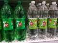 SHAH ALAM, MALAYSIA - 18 September 2020 : Two different design of 7UP soda soft drink bottles for sell on the supermarket shelf. Royalty Free Stock Photo