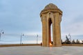 Shahidlar Monument or Eternal flame Monument on Martyrs` Lane in the evening. Baku. Azerbaijan