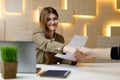 Shake hands at a job interview. Business woman in a suit hires new employees. Cooperation and welcome