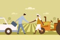 A corporate executive shake hands with a farmer against a farm background