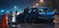 A shaken person involved in a car accident sits at the scene of the accident and is distraught