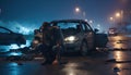 A shaken person involved in a car accident sits at the scene of the accident and is distraught