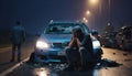 A shaken person involved in a car accident sits at the scene of the accident and is distraught