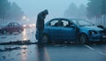 A shaken person involved in a car accident sits at the scene of the accident and is distraught