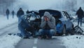 A shaken person involved in a car accident sits at the scene of the accident and is distraught