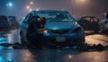 A shaken person involved in a car accident sits at the scene of the accident and is distraught