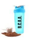 Shaker with abbreviation BCAA Branched-chain amino acid and powder on white