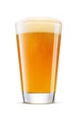 Shaker pint of fresh yellow wheat unfiltered beer with cap of foam isolated on white