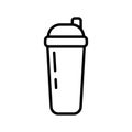 Shaker for protein icon. Linear logo of sports water bottle. Black simple illustration for cocktail bar, sporting goods store.