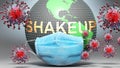 Shakeup and covid - Earth globe protected with a blue mask against attacking corona viruses to show the relation between Shakeup Royalty Free Stock Photo