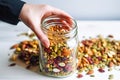 shaking hand mixing homemade trail mix in a transparent jar
